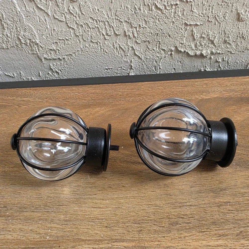 IKEA BLAST Curtain Rod Finials Set of 2 Glass Globe & Black HUGAD & RACKA NEW